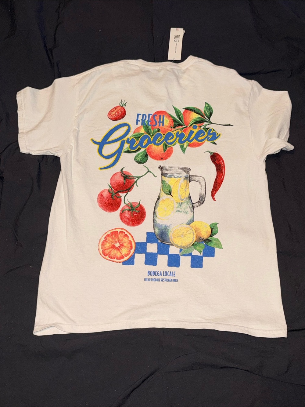BDG Urban Outfitters White Tee with Blue and Yellow "Fresh Groceries" Graphic